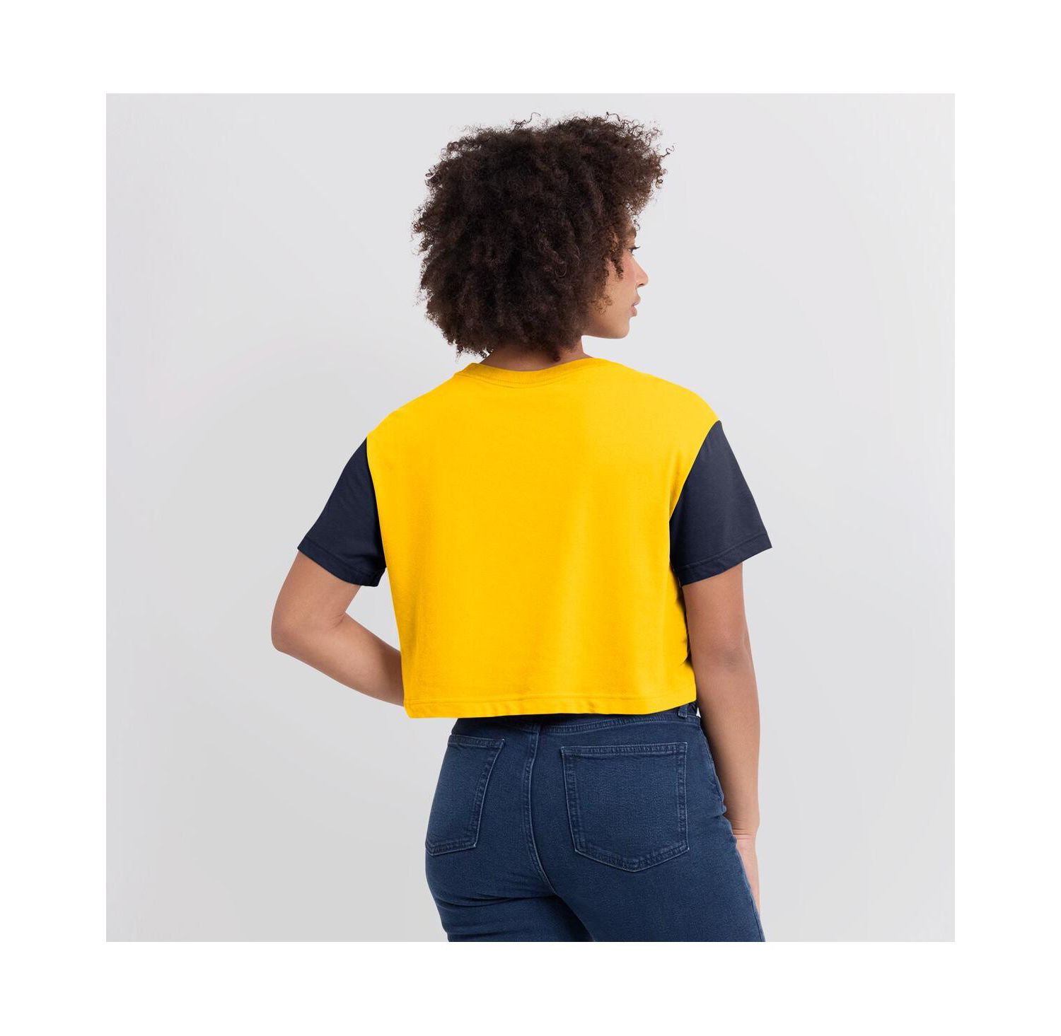 Women's Maize/Navy Michigan Wolverines Color-Block Script Dri-FIT Cropped T-Shirt