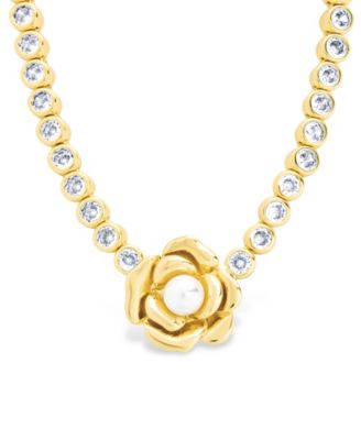Rosa Cultivated Pearl Flower Cubic Zirconia Tennis Necklace