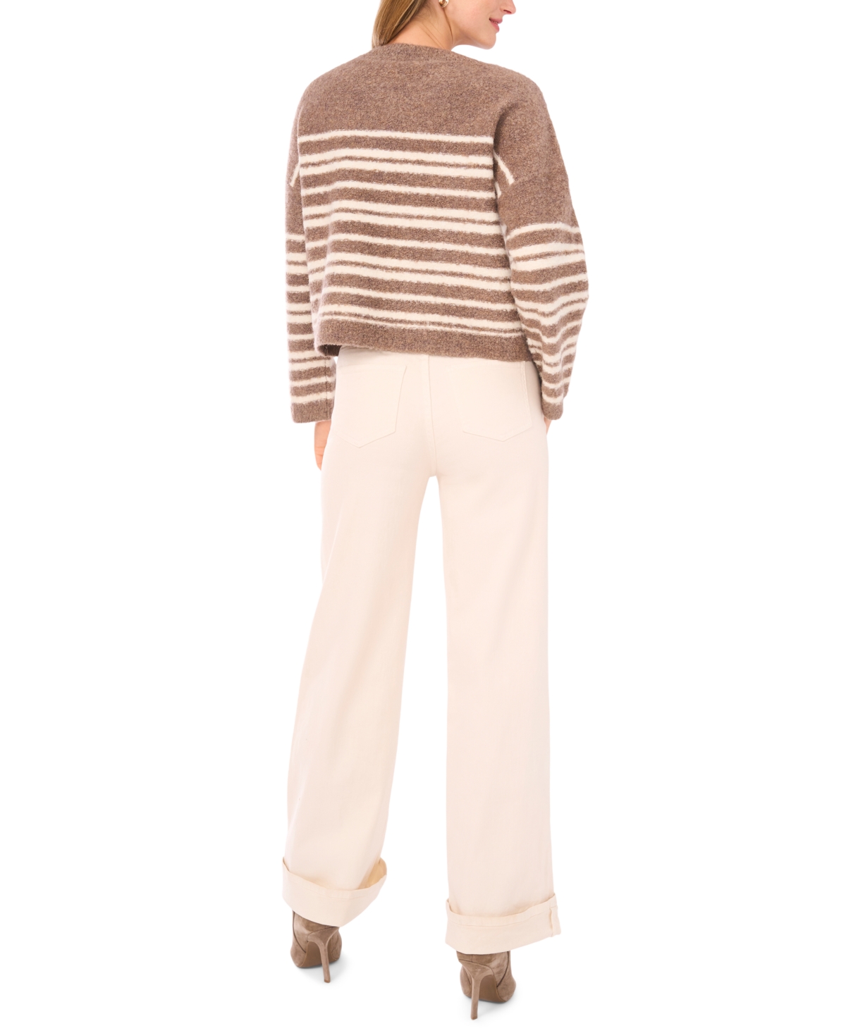 1.state Women's Striped Long Sleeve Crewneck Sweater In Brown
