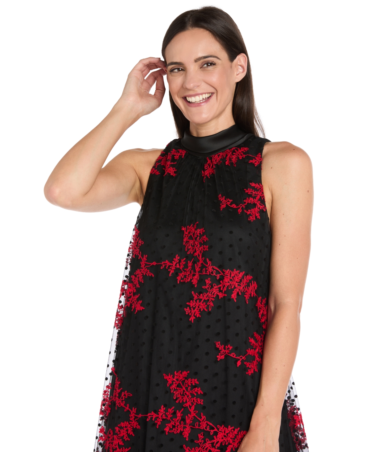 R & M Richards Petite Embroidered Mesh Trapeze Midi Dress In Red