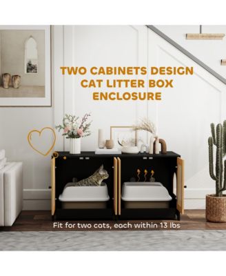 Cat Litter Box Enclosure w/ 2 Cabinets, Scratching Mats, Trays