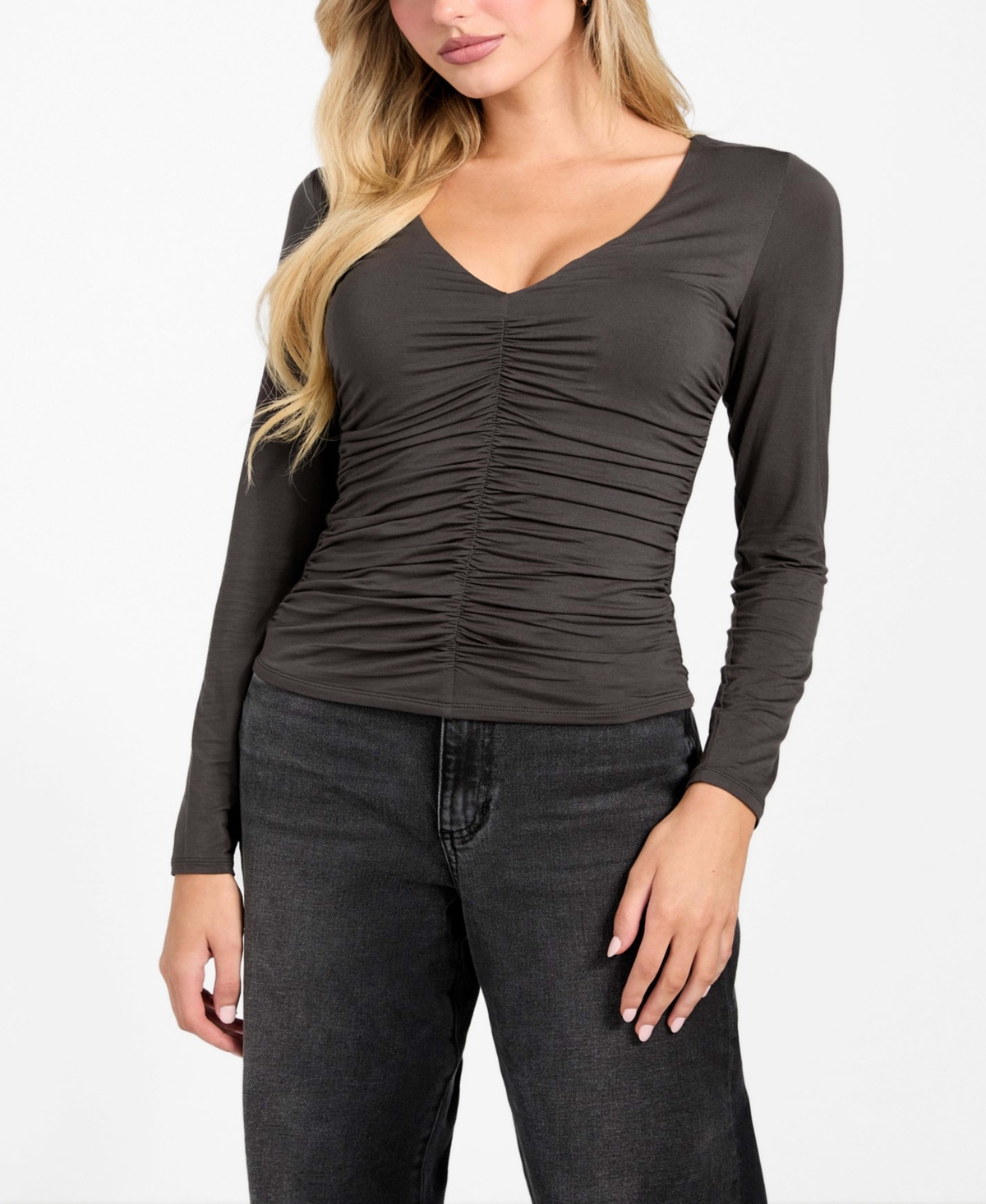 Guess Ayleen Ruched Long Sleeve Jersey Top In Black