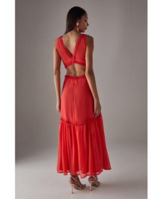 Women's Chiffon Fringe Trim Cut Out Maxi Dress