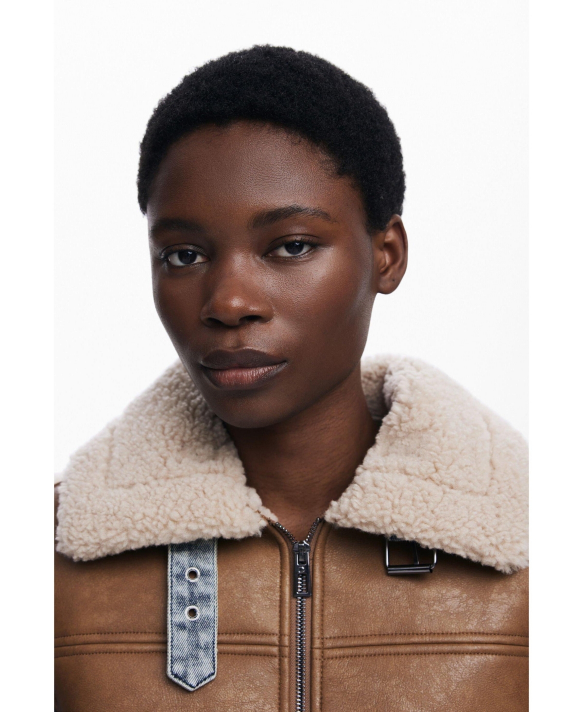 Desigual Mixed Media Faux Leather Jacket With Faux Shearling Trim In Brown