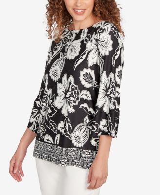 Petite Floral Geo Border Knit Top