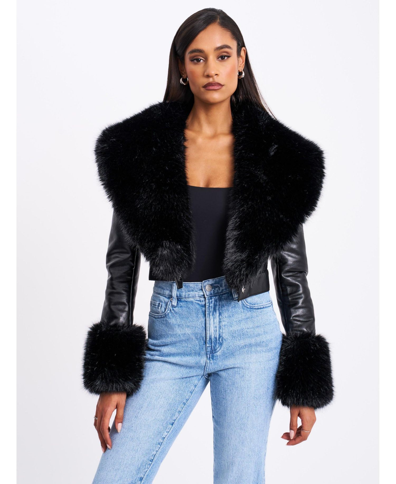 Women's Ziah Cropped Leather Jacket with Fur Collar