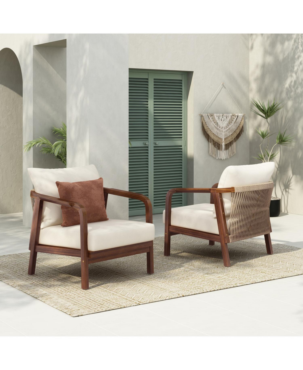 Streamdale 2x 28" Outdoor Lounge Chairs - Woven Back, Wood Frame, Cushions