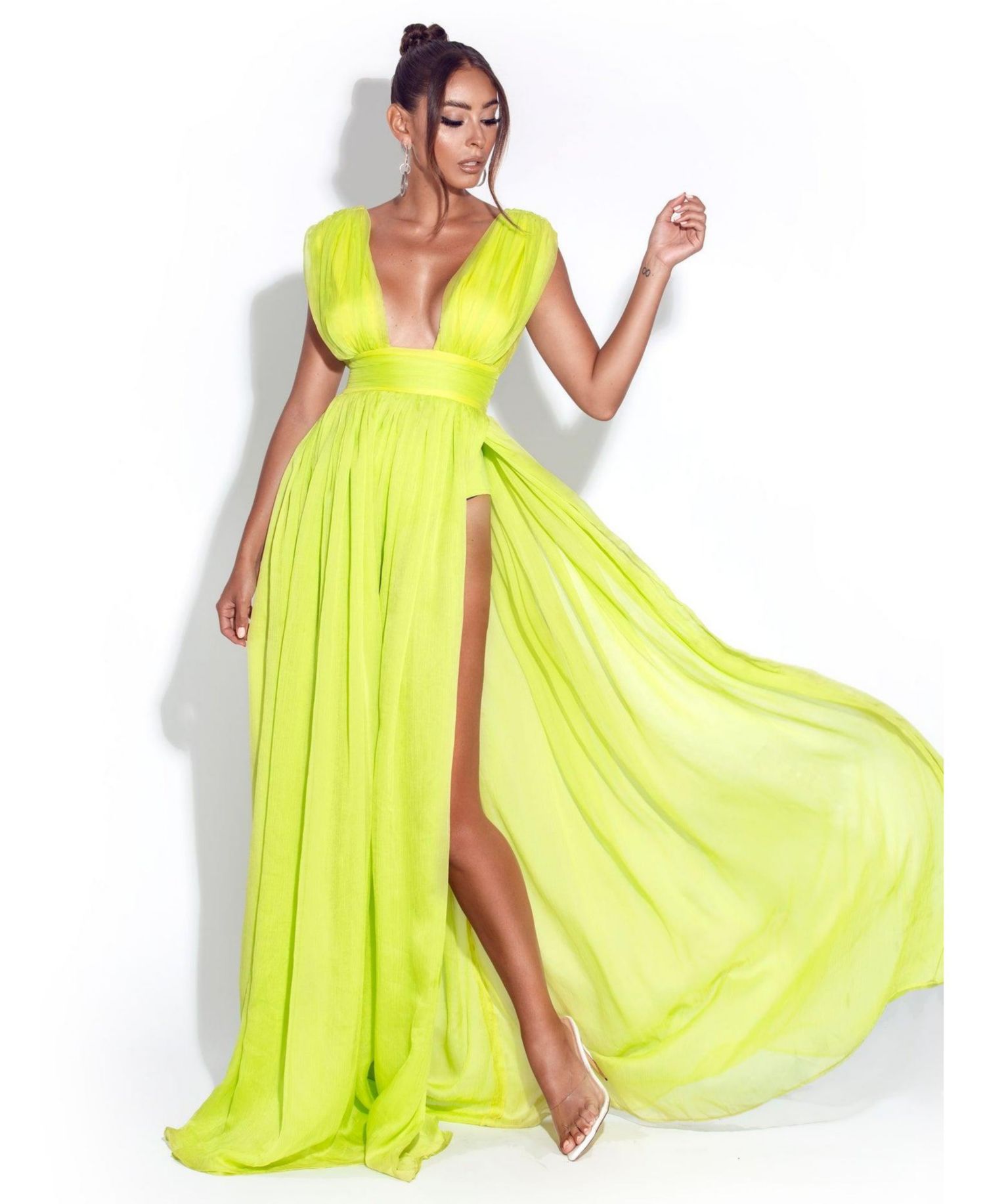 Women Valley Of Angels Lime Chiffon Pleated High Slit Maxi Dress