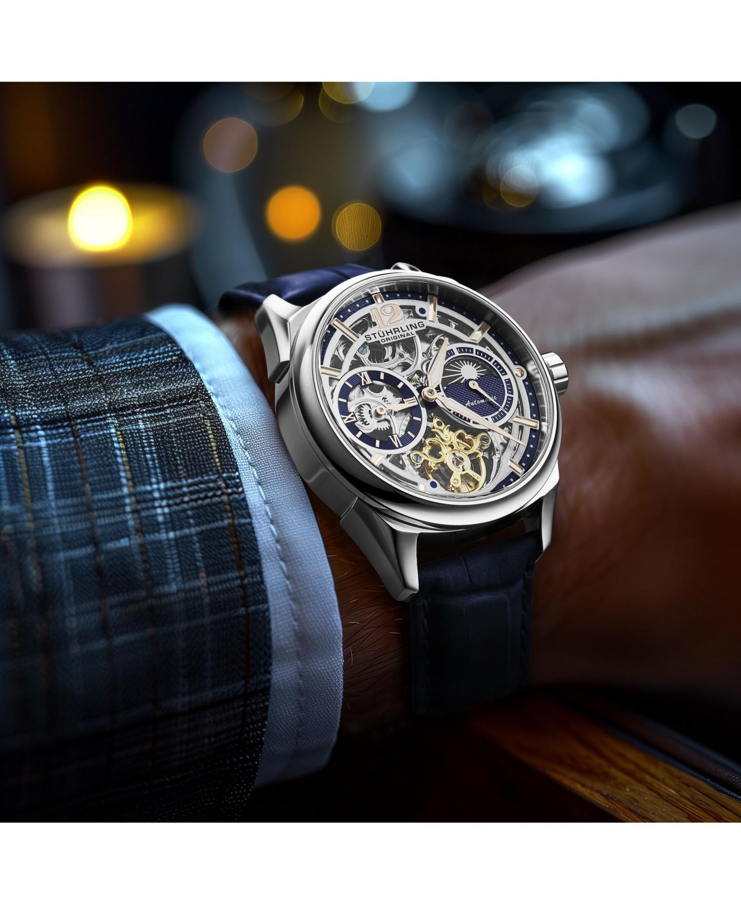 Часы Stuhrling Vanguard 1019.02 Legacy Collection Dual Time Automatic Skeleton Watch 42mm Stainless Steel Blue Dial Leather Strap, цвет: Синий — фото 2