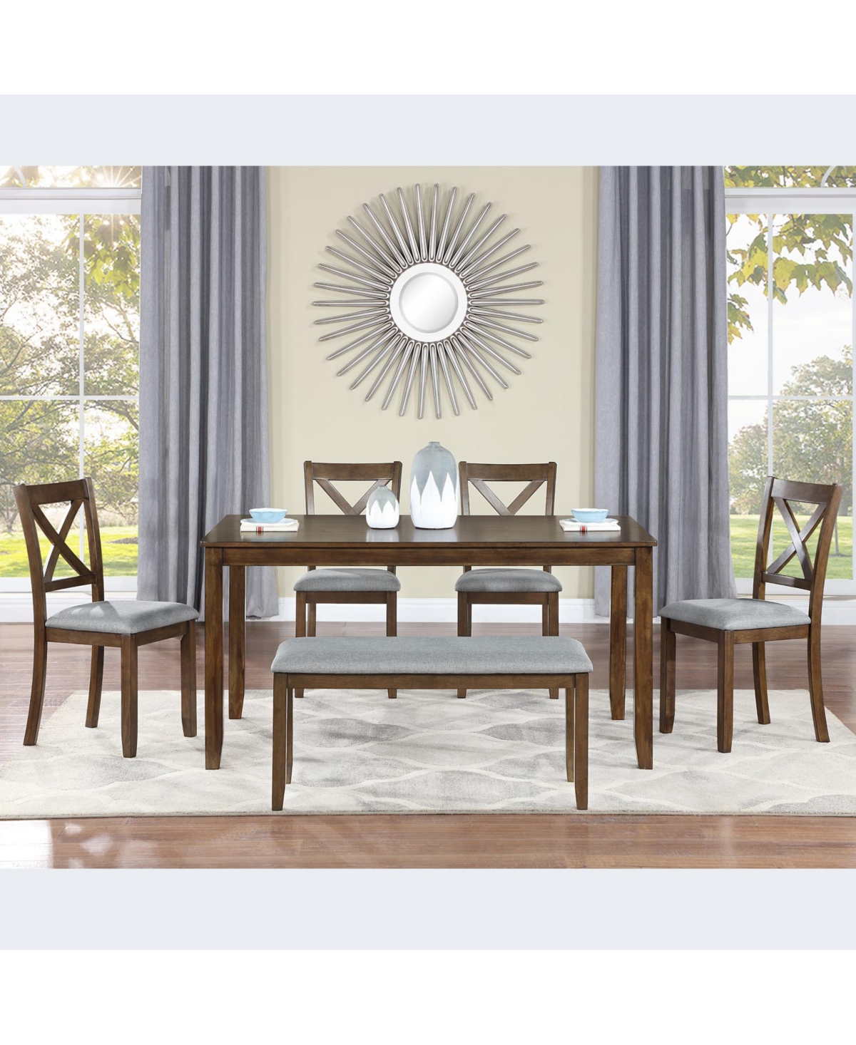 Casainc 6 Piece Wooden Dining Table Set with Table, 4 Upholstered Chairs and Bench