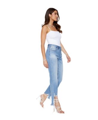 Women's Athens High Waisted Straight Leg Frayed Hem 100% Cotton Jeans