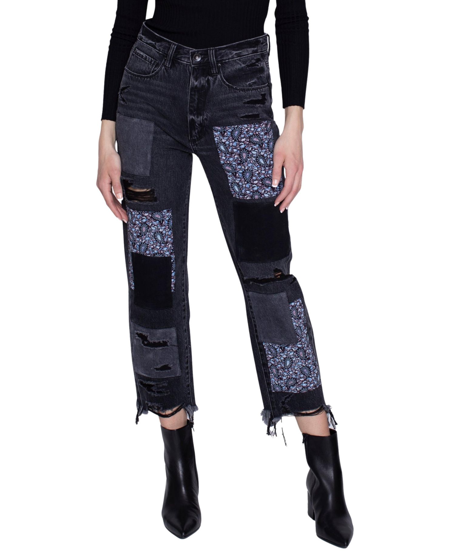 Women's Black Stone Paisley Patchwork High-Rise Straight Leg Jeans, 100% Cotton