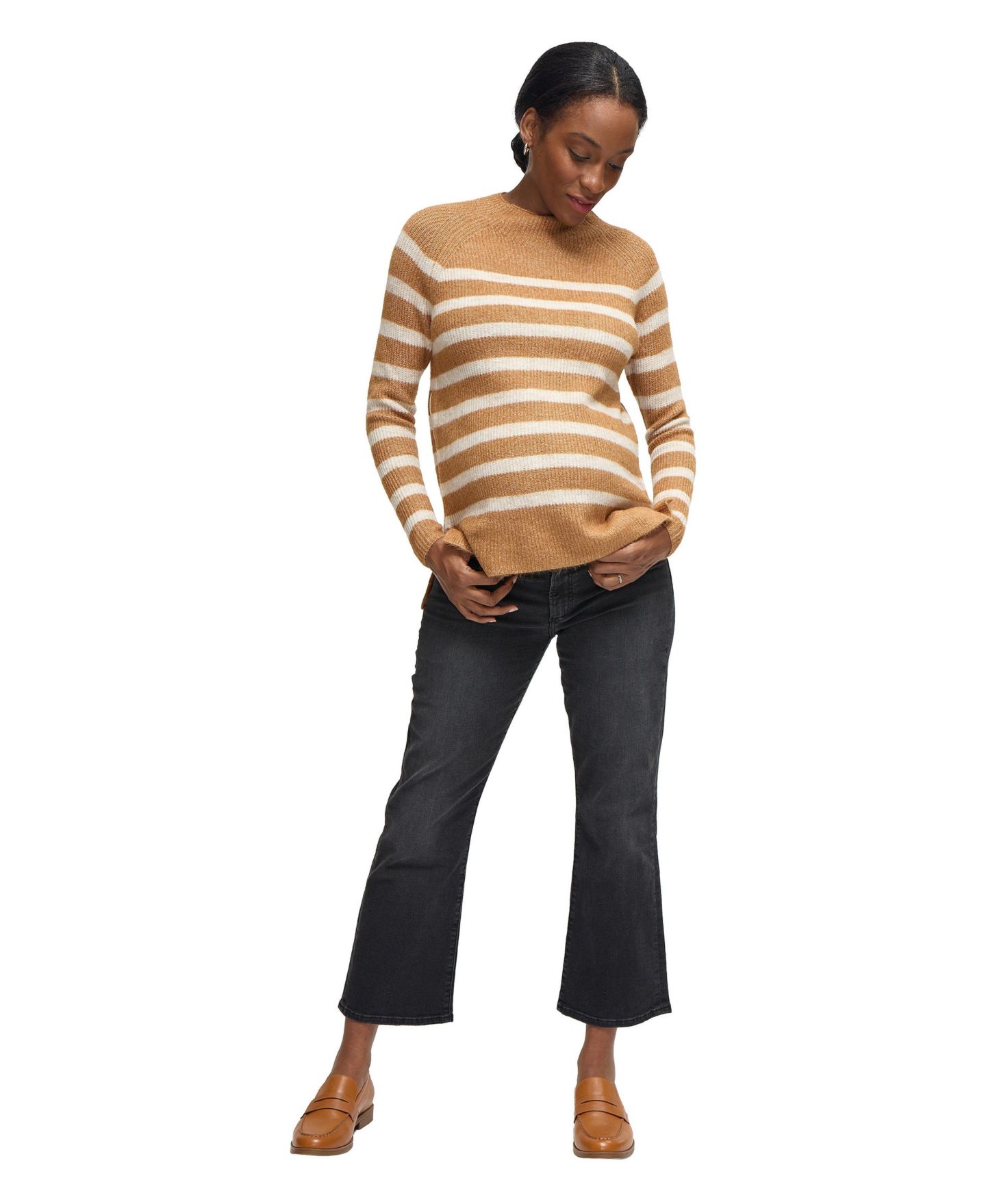 Женский свитер Ingrid + Isabel Maternity Mock Neck Striped, цвет: Верблюжий / Слоновая кость — фото 3