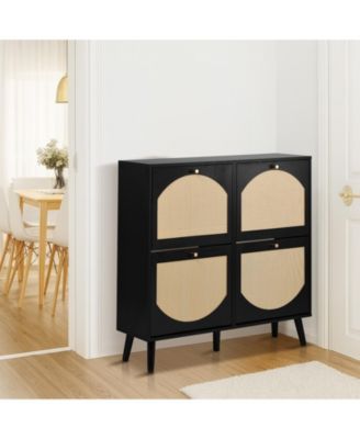 2 Rows of 4 Dump Buckets Shoe Cabinet with Frame High Legs and Wood Rattan Surface