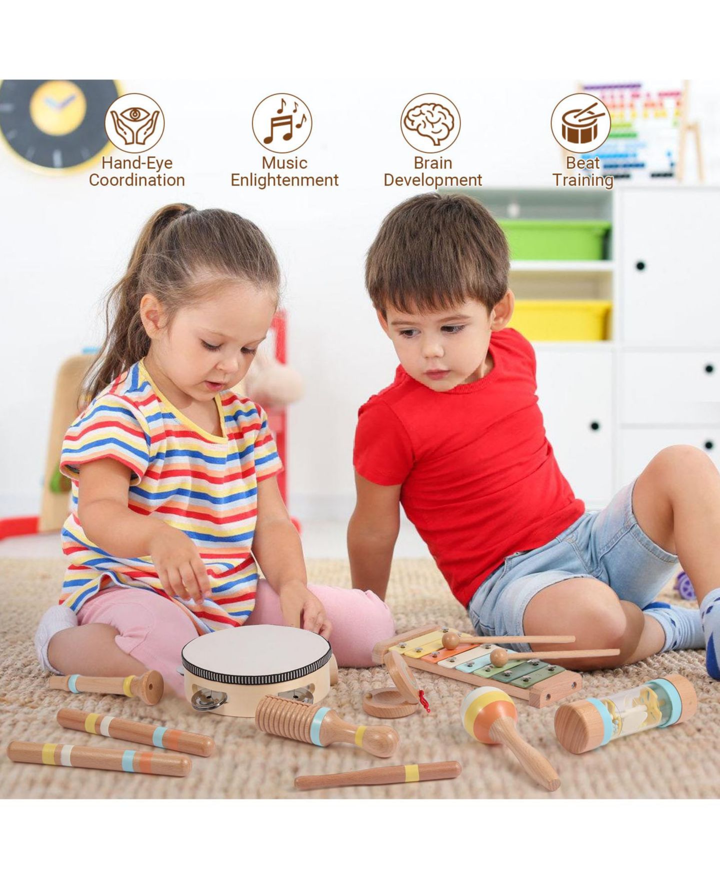 Детские игрушки SUGIFT Wooden Montessori Musical Instruments 9-Piece Set, Ages 1–5, цвет: Натуральный — фото 7