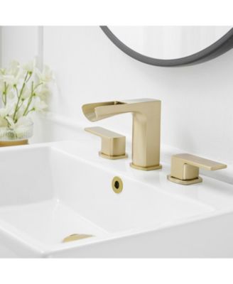 3 Holes Vanity Sink With Metal Drain Waterfall 8 in. Widespread Double Handle Gold Bathroom Faucet Set