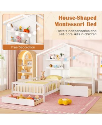 Twin Size House Bed Kids Platform Bed w/ Padded Bench & Floating Shelves