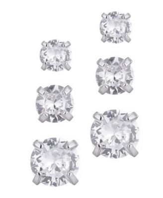 Silver Plated Cubic Zirconia Three-Solitaire Stud Earring Set