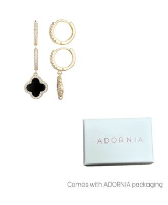 Gold Plated Cubic Zirconia Halo Black Clover Huggie Earring Set