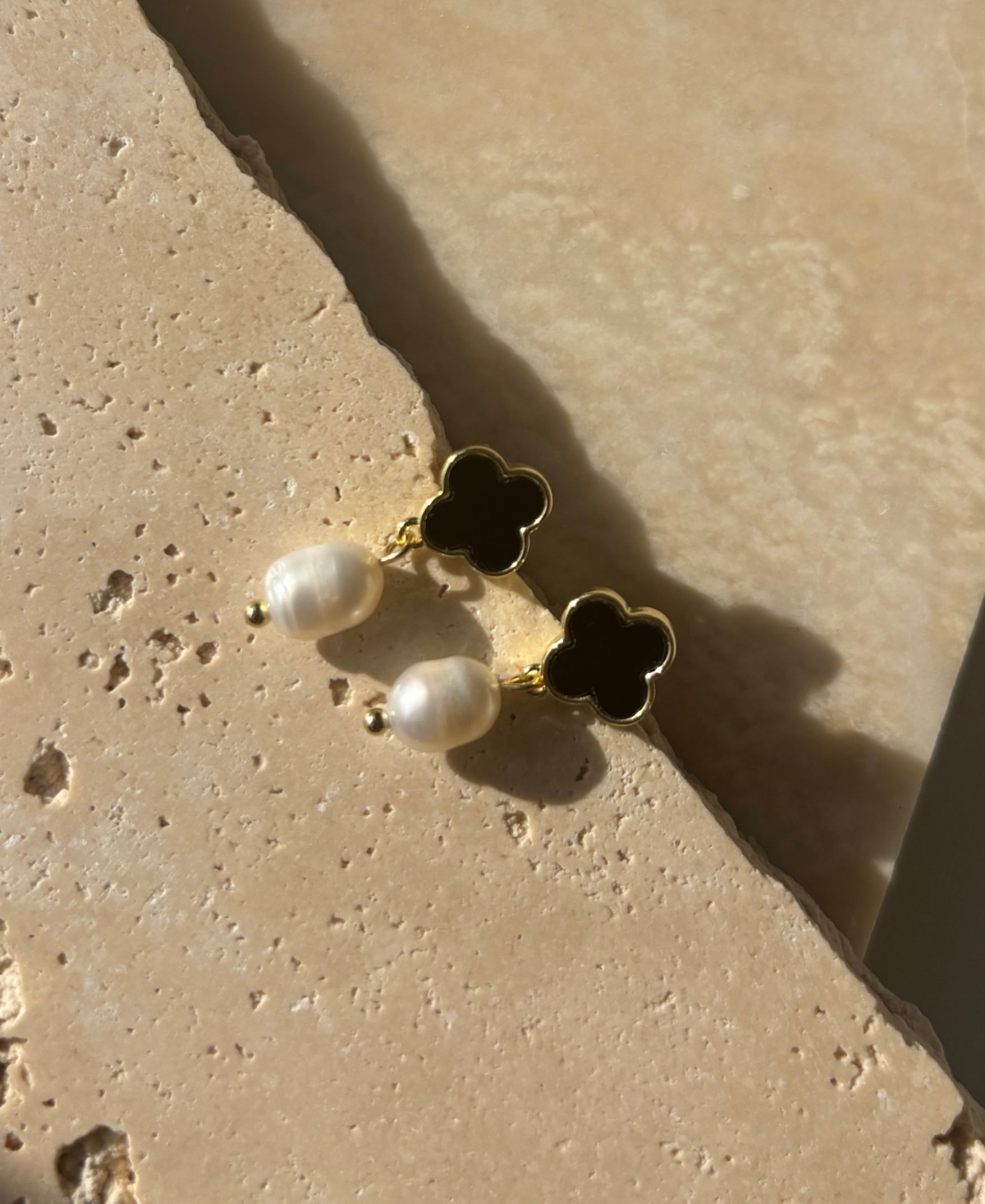 Adornia Gold Freshwater Pearl Black Clover Drop Earrings
