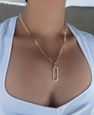 Gold Cubic Zirconia Mixed Chain Oval Pendant Necklace