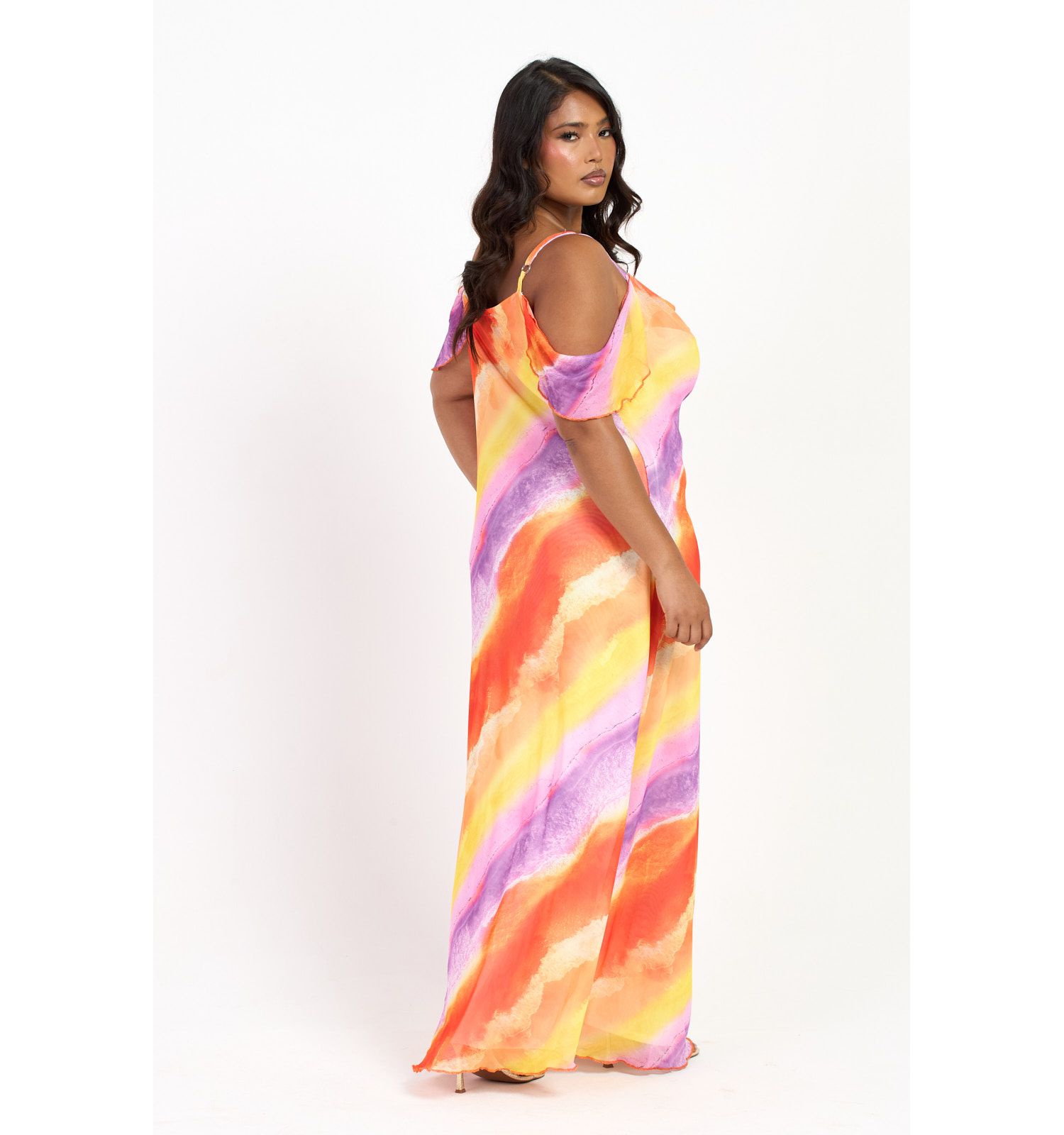 Women's Cold Shoulder Marble Print Maxi Dress