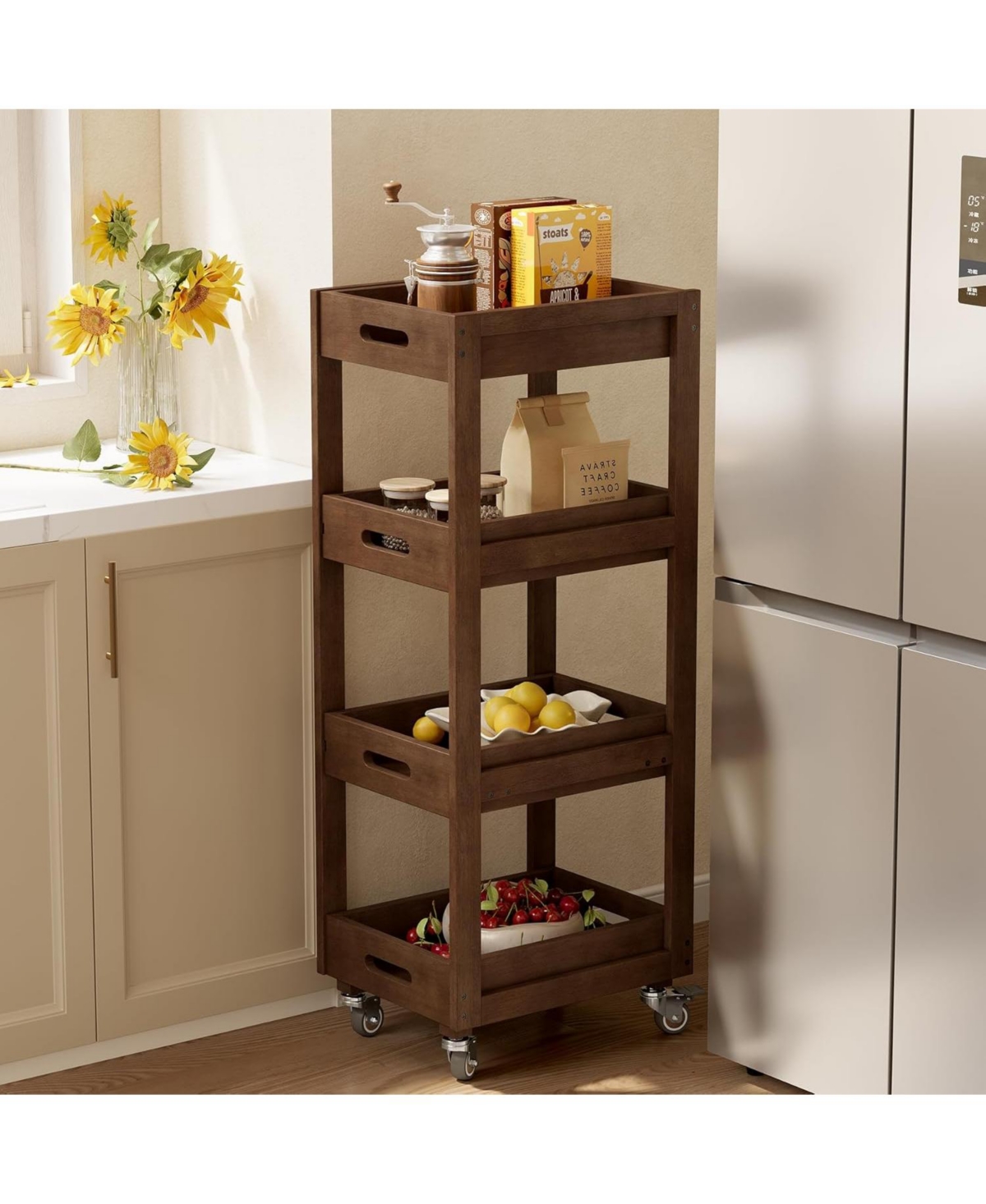 Tribesigns 4-Tier Slim Kitchen Rolling Cart with Wheels, Solid Wood Storage Cart