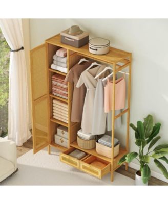 Bamboo Clothing Rack with Cabinet Hanging Rod Storage Shelf &amp; Drawers for Foyer