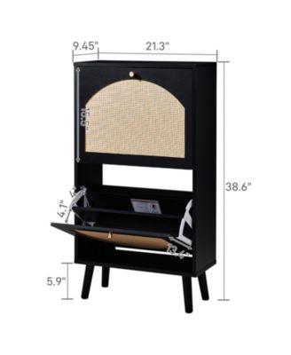 Two Dump Buckets Shoe Cabinet with High-Leg Frame and Original Wood Rattan Surface