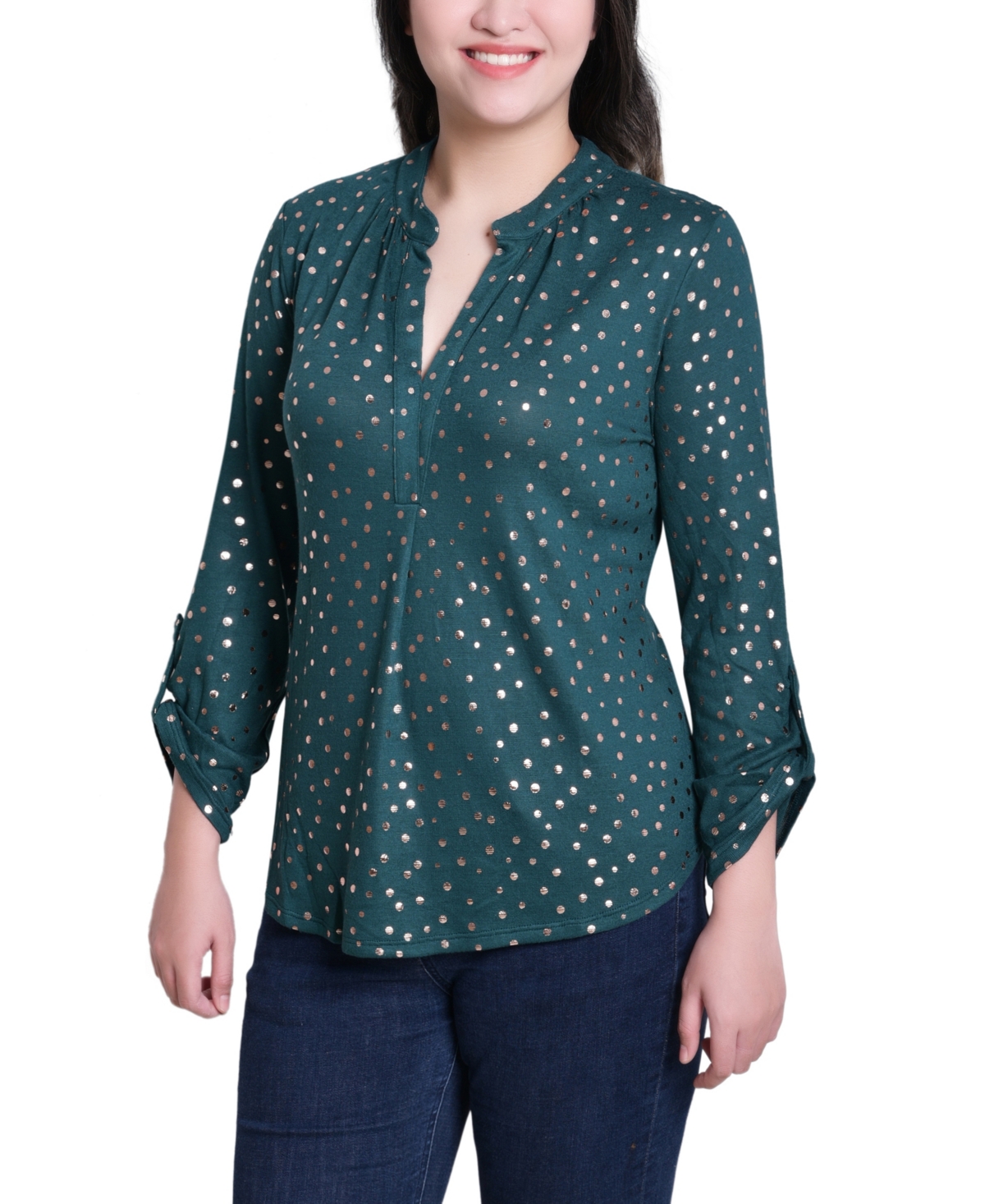 Ny Collection Petite Long Roll Tab Sleeve Tunic Top In Blue