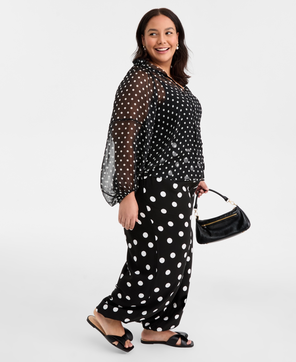 On 34th Trendy Plus Size Polka-dot Pull-on Balloon Pants, Macy's Exclusive In Black