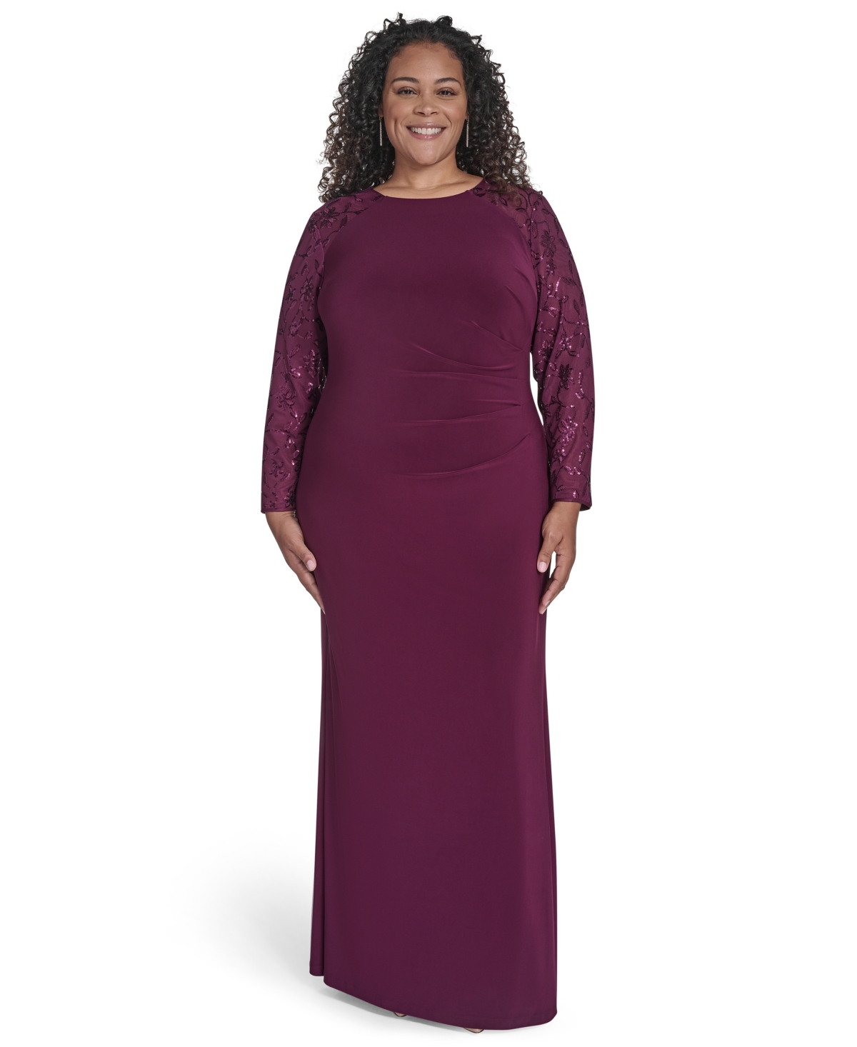 Jessica Howard Plus Size Raglan Sleeve Combo Gown In Burgundy