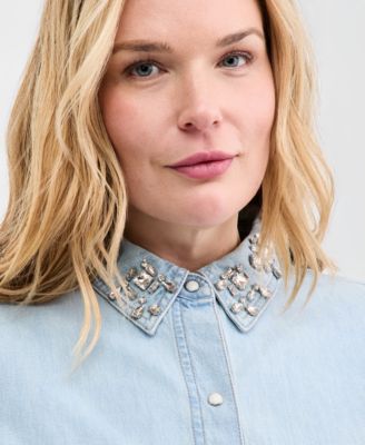 Trendy Plus Size Embellished Collar Denim Shirt, Macy's Exclusive