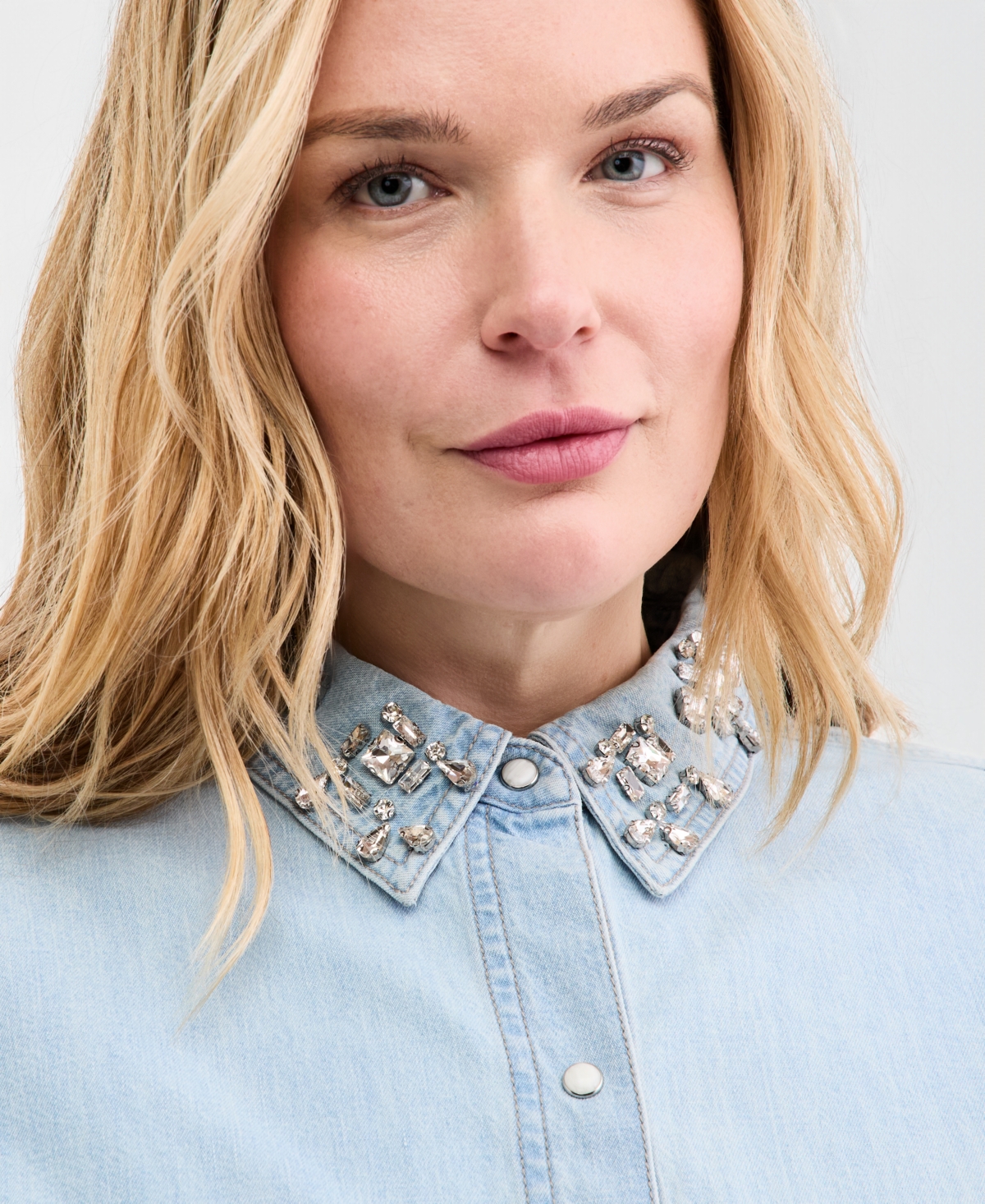 On 34th Trendy Plus Size Embellished Collar Denim Shirt, Macy's Exclusive