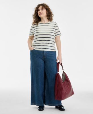 Plus Size Crewneck Printed Base Stripe Sequin T-Shirt, Macy's Exclusive