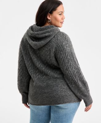 Trendy Plus Size Cable-Knit Cozy Sweater Hoodie, Macy's Exclusive