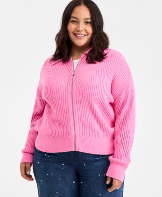 Trendy Plus Size Pointelle Zip-Front Cardigan & Embellished Wide-Leg Jeans, Macy's Exclusive