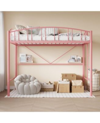 Loft Bed Twin Size, Heavy Duty Metal Loft Bed Frame with Arched Guardrail and Safety Ladder, Space-Saving, No Box Spring Needed, Pink