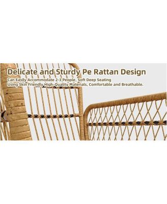 3 Piece Patio Bistro Set, Outdoor Wicker Conversation Set with Round Glass Top Coffee Table and Cushioned Chair, All-Weather Rattan Patio Furniture for Porch Balcony, Beige