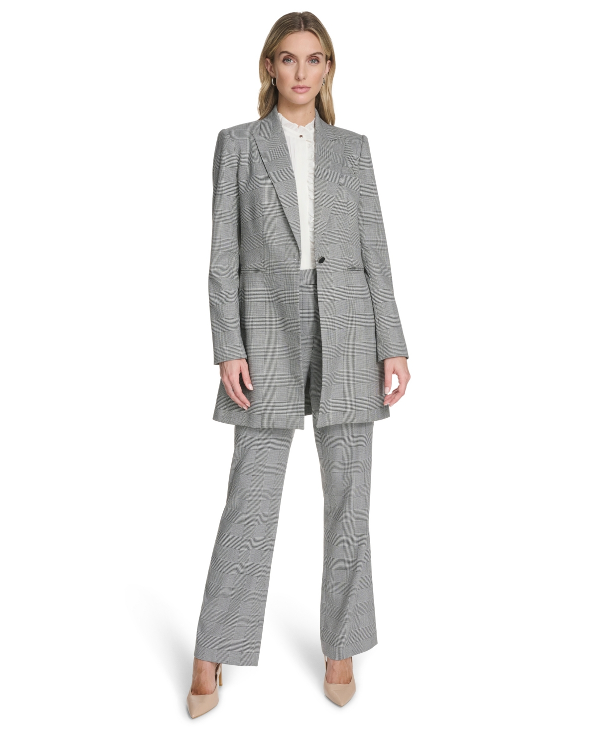 Calvin Klein Women's Houndstooth One-button Long Jacket In Gray