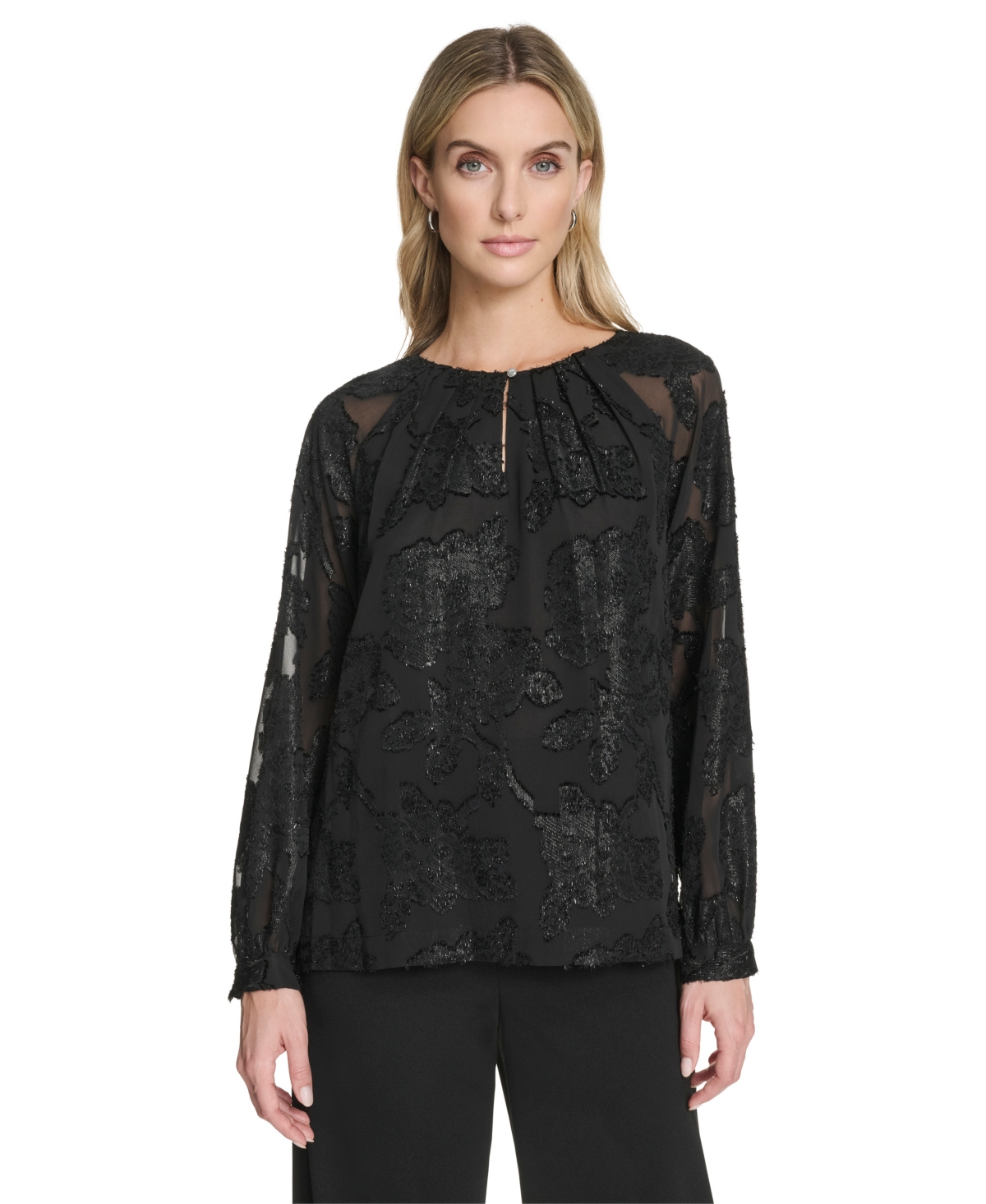Calvin Klein Women's Raglan Sleeve Metallic Blouse In Black