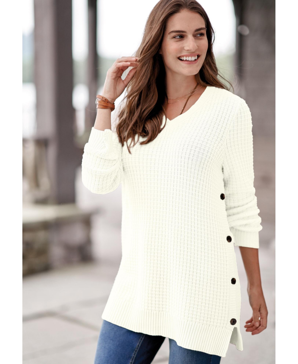 Woman Within Plus Side Button V-Neck Waffle Knit Sweater