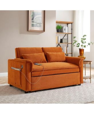 55" Velvet Loveseat Sofa Bed with USB Ports, Adjustable Backrest & Pull-Out Sleeper with Storage Pockets & Pillows