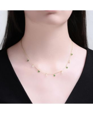 Women's 14K Gold Plated Mother of Pearl & Green CZ Station Necklace