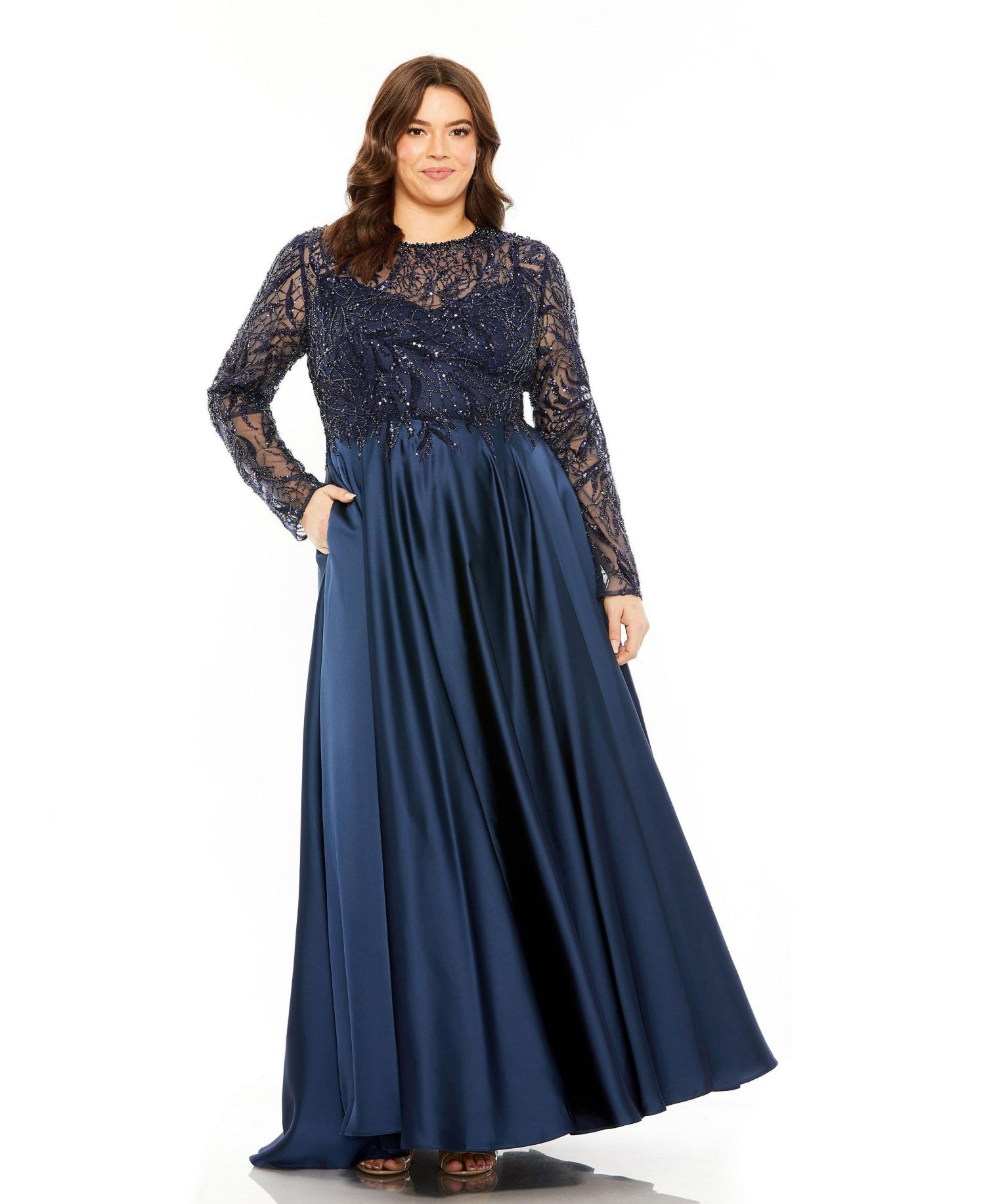 Women's Sheer Long Sleeve Beaded Top Satin Gown