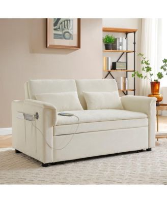 55" Velvet Loveseat Sofa Bed with USB Ports, Adjustable Backrest and Pull-Out Sleeper with Storage Pockets and Pillows-Maison Boucle