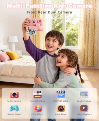 Kids Instant Print Camera 48MP with 16X Zoom, 1080P HD Video, Bluetooth, Dual Lens, 32GB Card & 4 Print Rolls