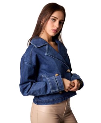 Women's Cropped Denim Double-Breasted Trench Jacket