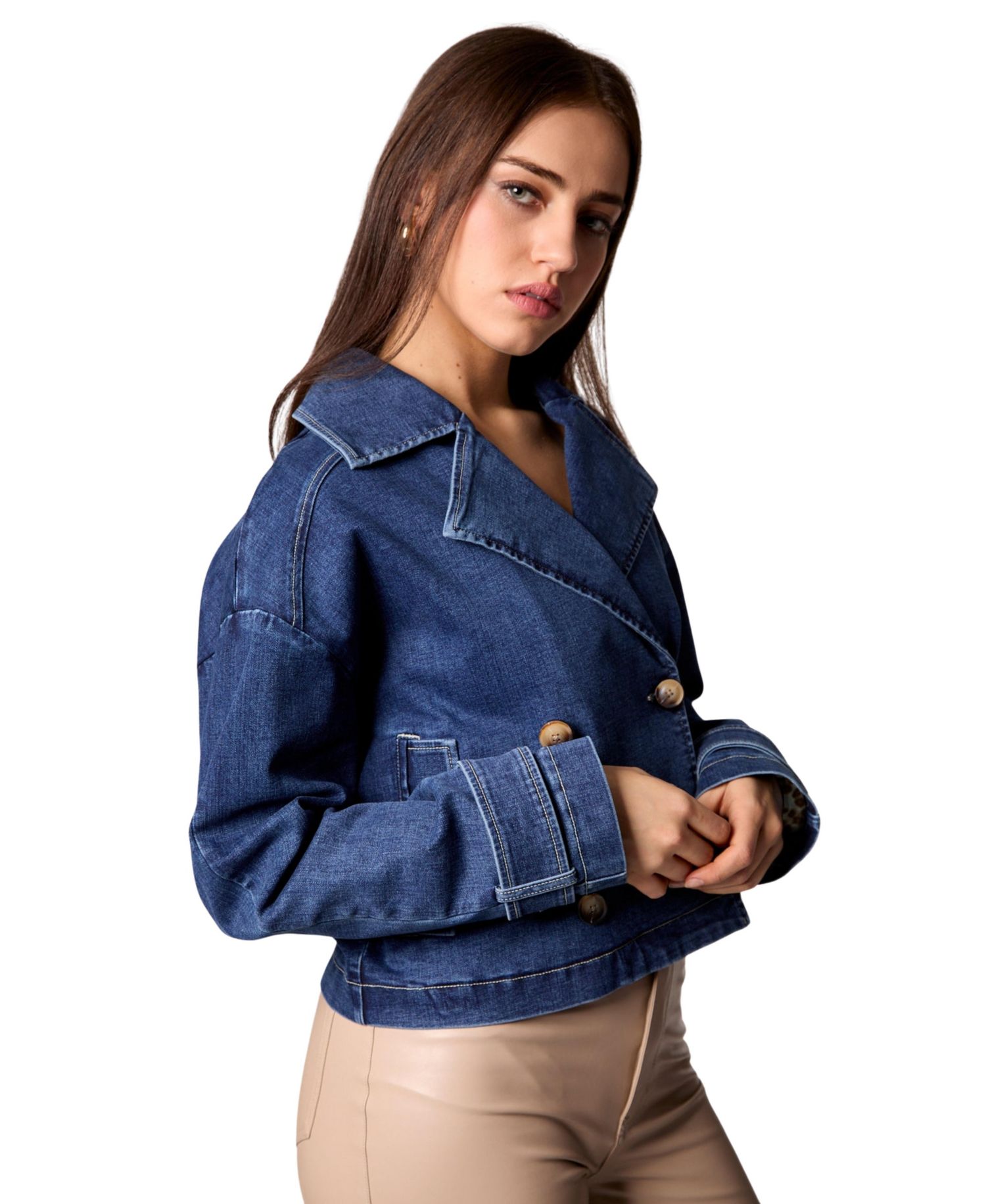 Women's Cropped Denim Double-Breasted Trench Jacket
