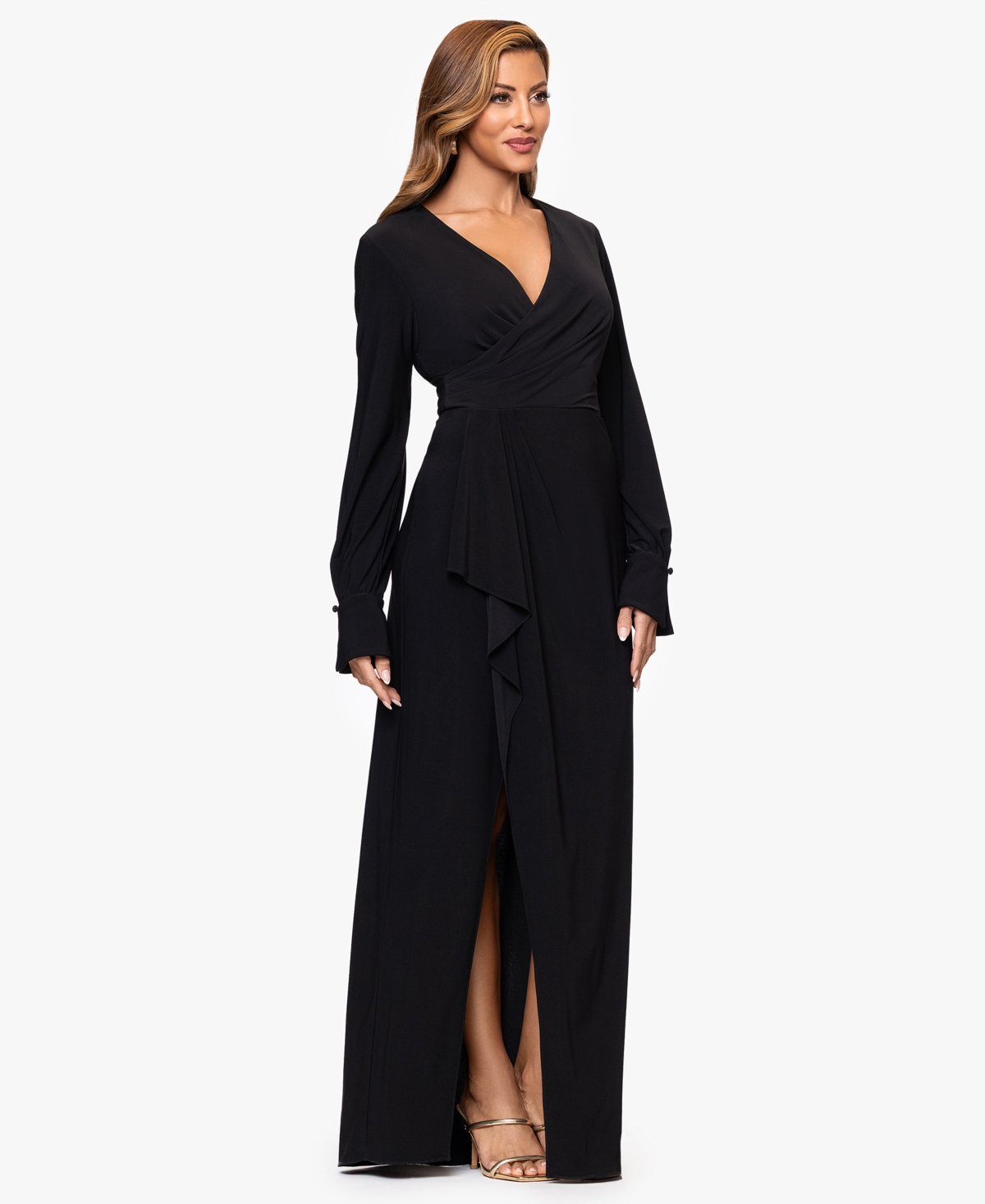 Xscape Women's V-neck Long Sleeve Dress In Black